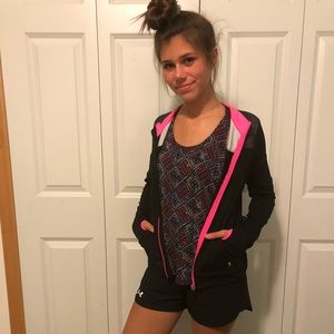 Youth XL black, grey, and pink zip up.